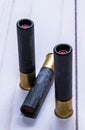 Three black 410 gauge slug shot gun shells Royalty Free Stock Photo