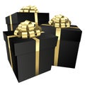 Three black gift boxes with a gold bow - Christmas and birthday present collection