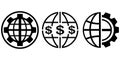 Three black globe icons with gear and dollar signs Royalty Free Stock Photo