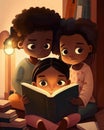 Three black kids tucked away in an cozy corner share a book with bright eyes and inquisitive minds as they read together Royalty Free Stock Photo