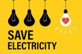 Three black lamp bulbs and one shine light bulb on yellow background. Save electricity, motivational banner. Bulb with red heart Royalty Free Stock Photo