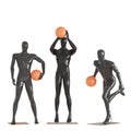 Three black mannequin guys in different poses are holding a basketball. 3d rendering