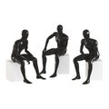 Three black mannequin guys are sitting on white boxes. Isolated on white background 3D rendering