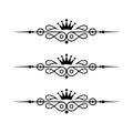 Three black ornate decorative dividers with crowns and swirls vector Royalty Free Stock Photo