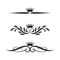 Three black ornate decorative flourishes with crowns on white background vector Royalty Free Stock Photo