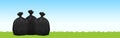 Three black plastic garbage bags on the grass blue sky background, garbage bags for waste, pollution plastic bag waste, 3r ad