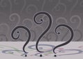 Three black question marks on a background of multi-colored shadows and gray pattern of signs illustration vector illustration.