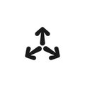 Three black rounded cartoon arrows point to the center. Triple Collide Arrows icon. Merge Directions icon.