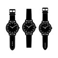 Three black silhouette wristwatches with leather straps on white background time clock Royalty Free Stock Photo