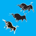 Three black silhouettes bulls with white contours