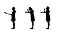 Three black silhouettes of lady cook reacting to dish`s smell.
