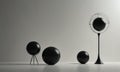 Three black spherical objects, including fan-like structure, stand on white surface, with light source Royalty Free Stock Photo