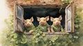 Watercolor Illustration Three Little Pigs As Farmers Staring Out Window