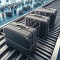 Three black suitcases on a conveyor belt in an airport terminal with a people on blurred background.