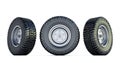 Three black tires. 3D render of Automotive wheel isolated on white background.