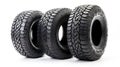 Three black tires isolated on white background, generative ai