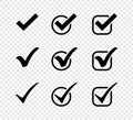 Three black vector check mark icons in circles and squares. Check mark icons. Collection black check marks Royalty Free Stock Photo