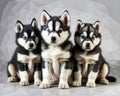 Three black and white dogs sitting next to each other. Beautiful picture of dogs. Royalty Free Stock Photo