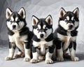 Three black and white dogs sitting next to each other. Beautiful picture of dogs. Royalty Free Stock Photo