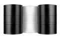 Three black and white metal barrels isolated close up, oil drum, steel keg, blank closed food tin can, aluminium cask, petroleum