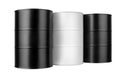Three black and white metal barrels isolated close up, oil drum, steel keg, tin canister, blank closed food or paint can Royalty Free Stock Photo