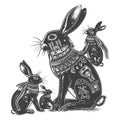 Tribal Rabbits Family, Decorated Hares, Mother and Kit. Royalty Free Stock Photo