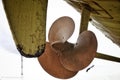 Three bladed naval propeller on the vessel exposed in front of Constanta train station in Royalty Free Stock Photo