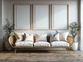 Three blank frames on the wall above the comfortable white wicker sofa in the living room with plants on each side Royalty Free Stock Photo