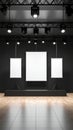 Three blank mockup projector screens on an empty stage with spotlights for a conference or presentation Royalty Free Stock Photo