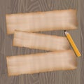 Three blank old note papers, ready for your message with pencil on wooden background. Emty paper with torn edges. Vector Royalty Free Stock Photo