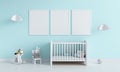 Three blank photo frame in child room for mockup, 3D rendering Royalty Free Stock Photo