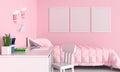 Three blank photo frame for mockup in child bedroom interior, 3D rendering Royalty Free Stock Photo