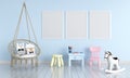 Three blank photo frame for mockup in child room, 3D rendering Royalty Free Stock Photo