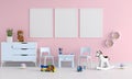 Three blank photo frame for mockup in child room, 3D rendering Royalty Free Stock Photo