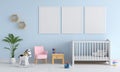 Three blank photo frame for mockup in child room, 3D rendering Royalty Free Stock Photo