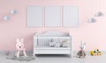 Three blank photo frame for mockup in child room, 3D rendering Royalty Free Stock Photo