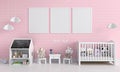 Three blank photo frame for mockup in pink child room