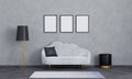 Three blank poster frame for mockup.Modern interior of living room for mockup, luxury, loft. Grey sofa, black and gold lamp Royalty Free Stock Photo