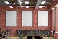 Three blank vertical posters mock up on the red brick wall in office interior Royalty Free Stock Photo