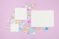 Three blank white cards on pastel purple background with kawaii cartoon animals Royalty Free Stock Photo