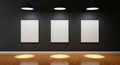 Three blank white frames illuminated by spotlights on dark wall Royalty Free Stock Photo