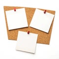 Three Blank White Paper Notes pinned on corkboard isolated on white background Royalty Free Stock Photo