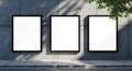 Three blank white posters on a concrete wall with shadows and foliage, outdoor advertising mockup Royalty Free Stock Photo