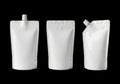 Three blank white stand up pouches with spouts isolated on transparent background Royalty Free Stock Photo