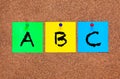 Three blanks post-it notes on cork board with letters ABC.