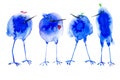 Three blue abstract birds blots look at the birds with a red heart. Abstract watercolor illustration isolated on white background Royalty Free Stock Photo