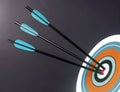 Three Blue Black Archery Arrows Hit Round Target Bullseye Center Royalty Free Stock Photo