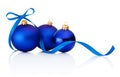 Three blue Christmas baubles on white background Royalty Free Stock Photo