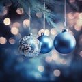 Three Blue Christmas Ornaments Hanging From Tree Royalty Free Stock Photo