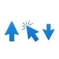 Three Blue 3D Arrows Pointing Up, Clicking, and Down on White Background image photo Royalty Free Stock Photo